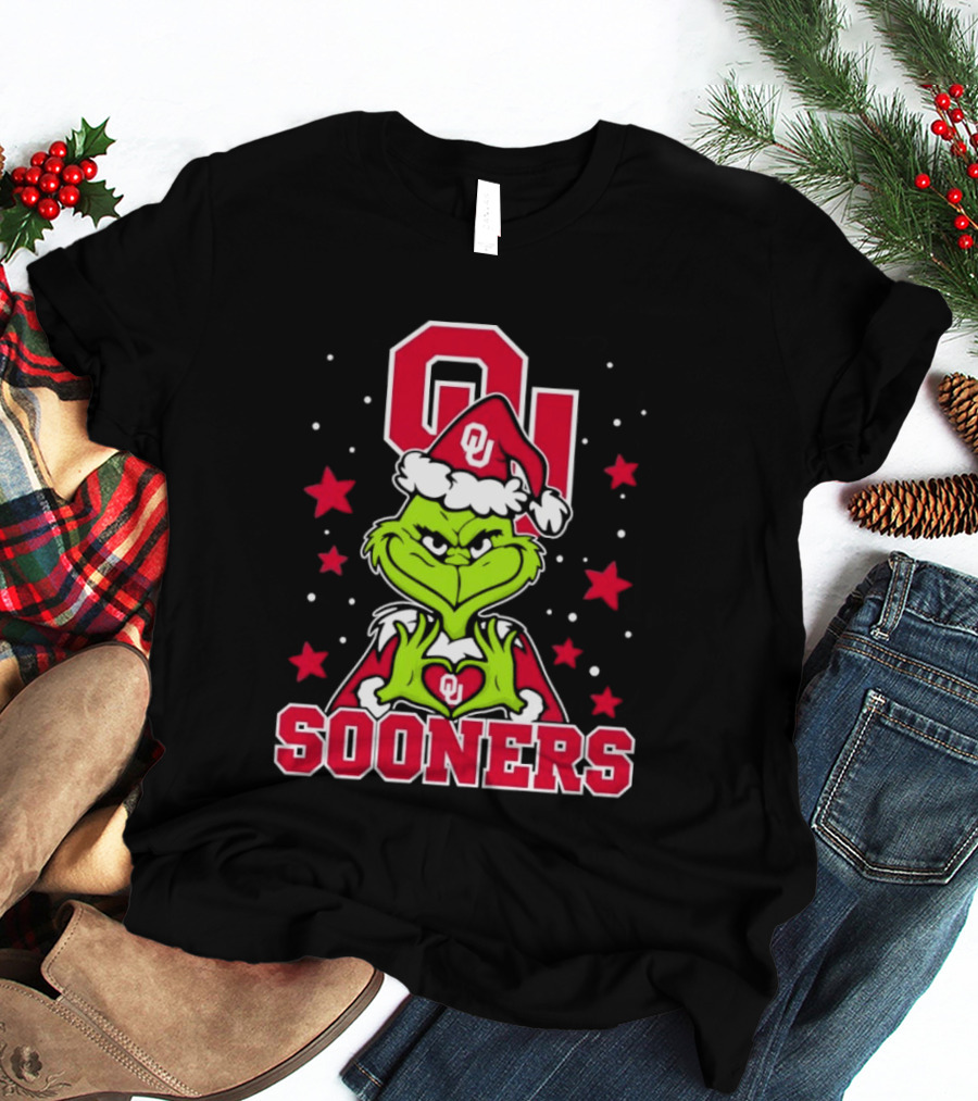 Oklahoma Sooners Grinch Christmas Heart Hands OU Santa Hat T-Shirt
