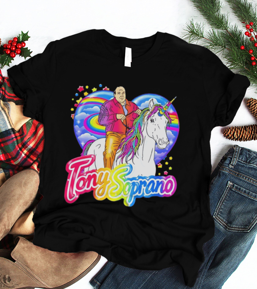 Tony Soprano Riding Rainbow Unicorn With Heart And Stars T-Shirt