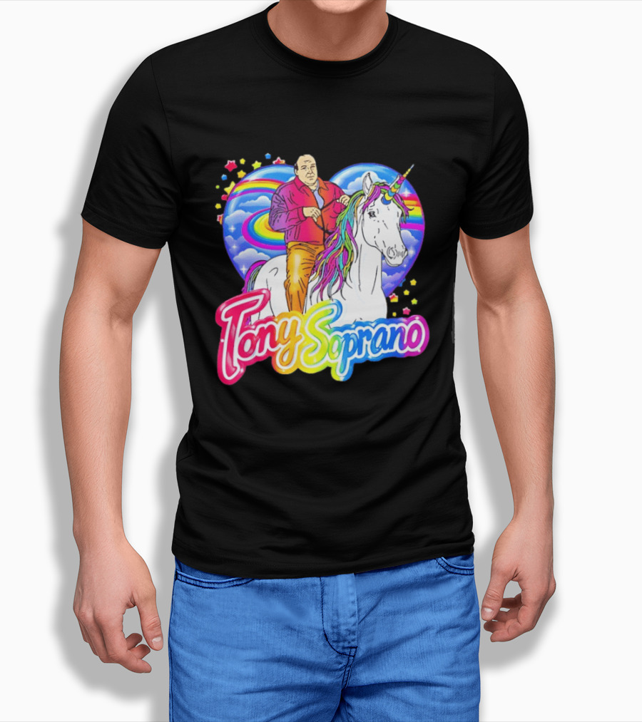Tony Soprano Riding Rainbow Unicorn With Heart And Stars T-Shirt