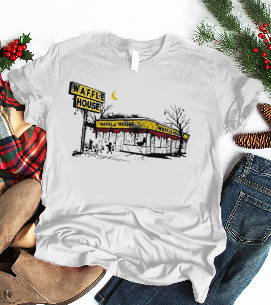 Haunted Waffle House Halloween 2026 Spooky Night Scene With Moon And Trees T-Shirt