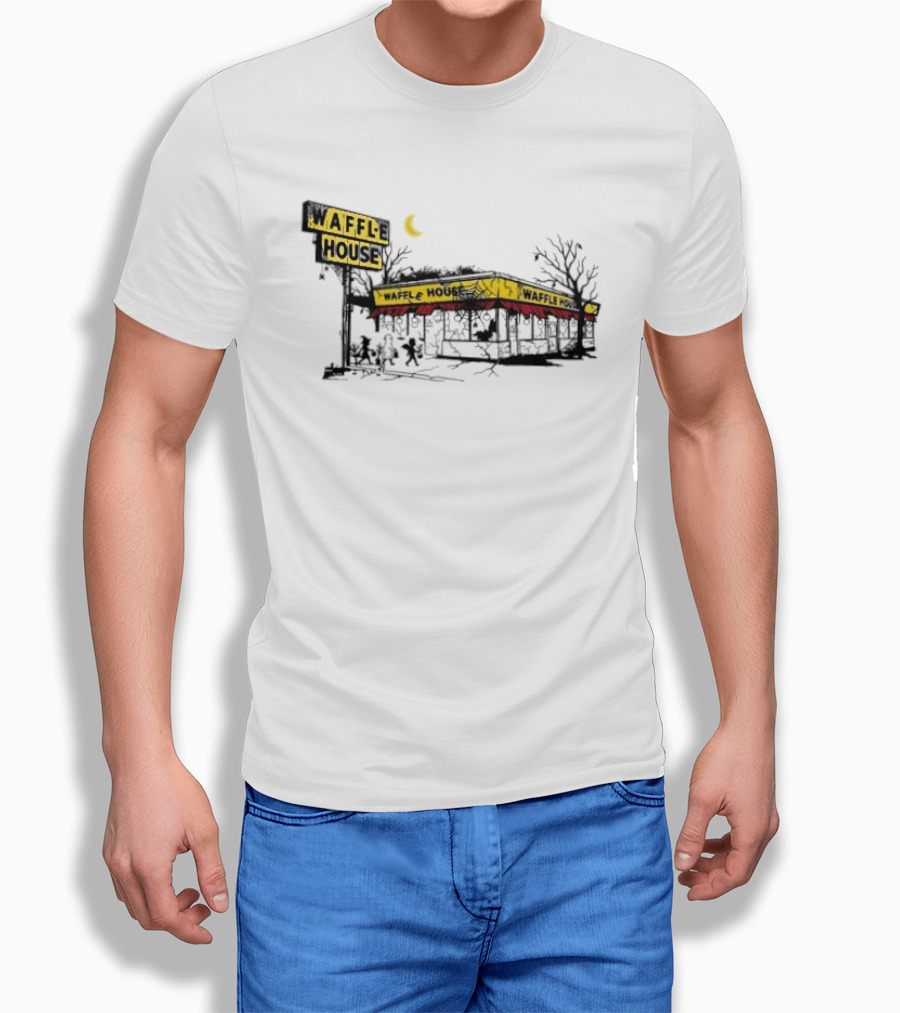 Haunted Waffle House Halloween 2026 Spooky Night Scene With Moon And Trees T-Shirt