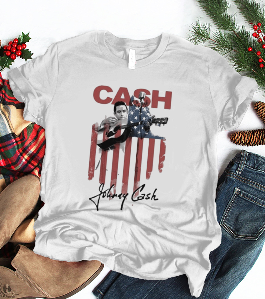 Johnny Cash American Flag Red Guitar Microphone T-Shirt