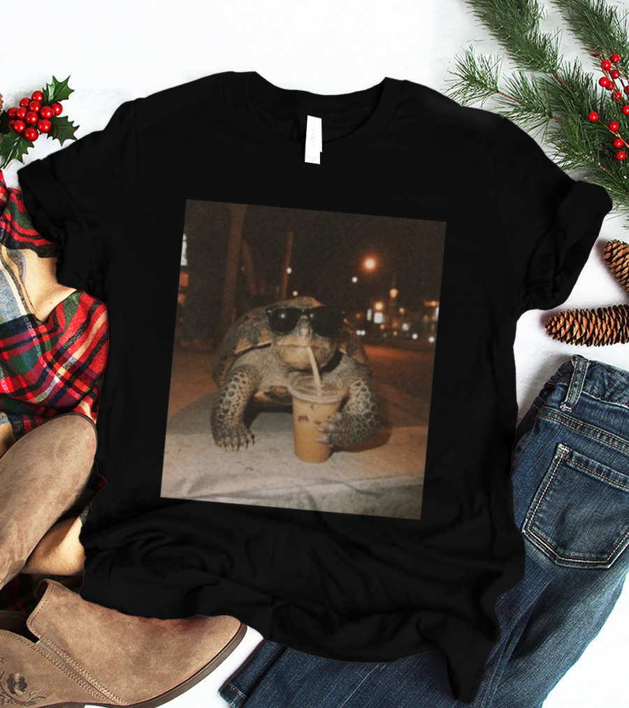 Turtle Wearing Sunglasses Drinking Iced Coffee At Night T-Shirt