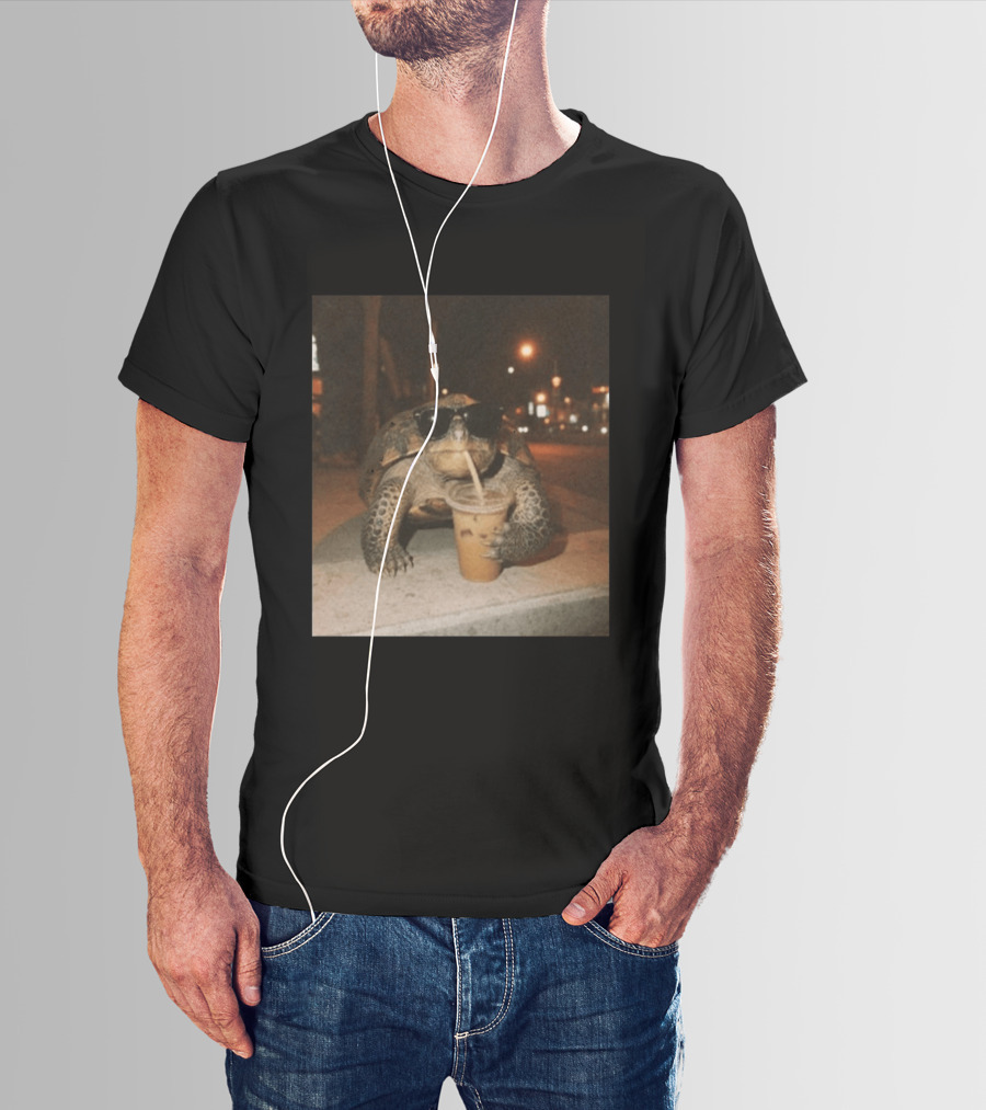 Turtle Wearing Sunglasses Drinking Iced Coffee At Night T-Shirt