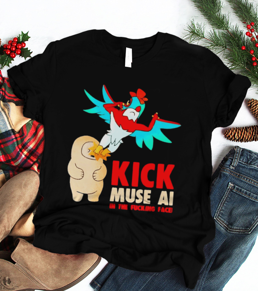 Kick Muse AI In The Face Protest Cartoon Bird Kicking T-Shirt