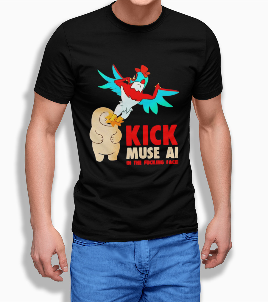 Kick Muse AI In The Face Protest Cartoon Bird Kicking T-Shirt