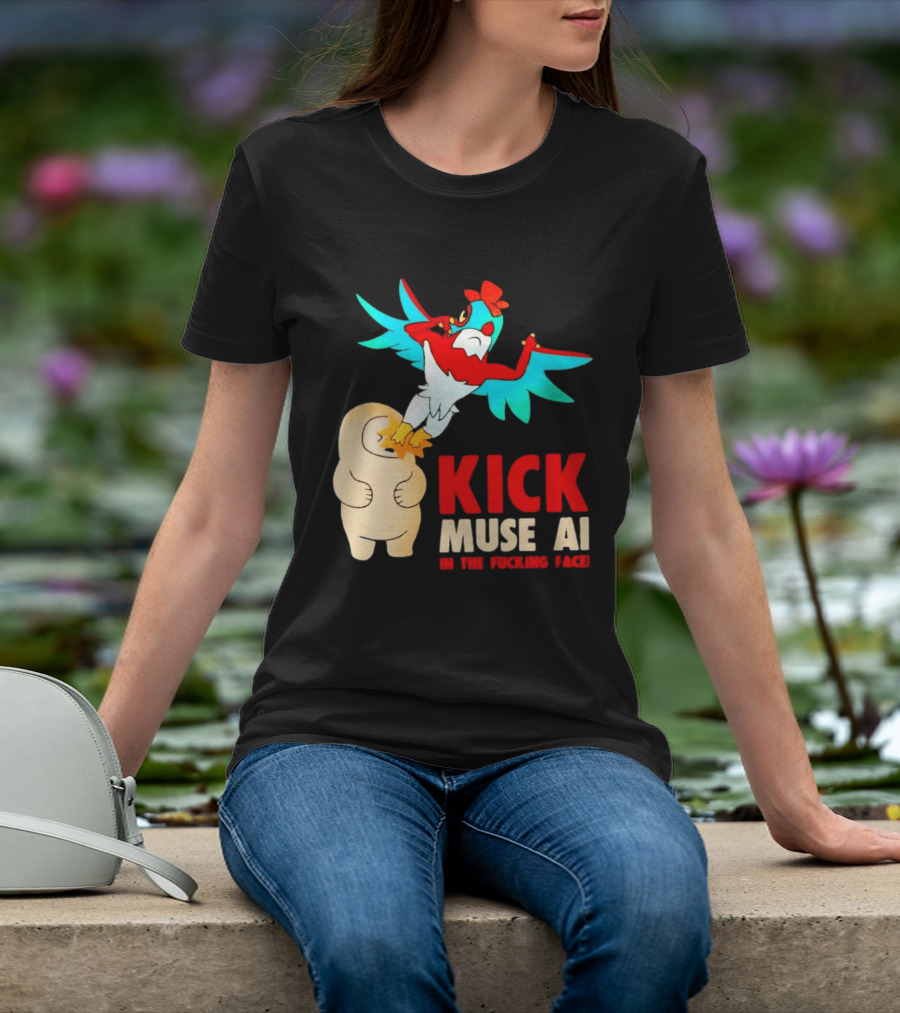 Kick Muse AI In The Face Protest Cartoon Bird Kicking T-Shirt