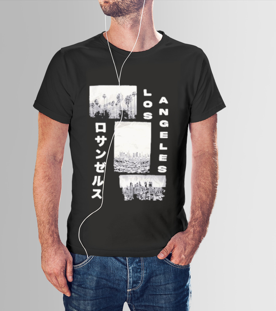 Los Angeles Cityscape With Japanese Text Satin Patch T-Shirt