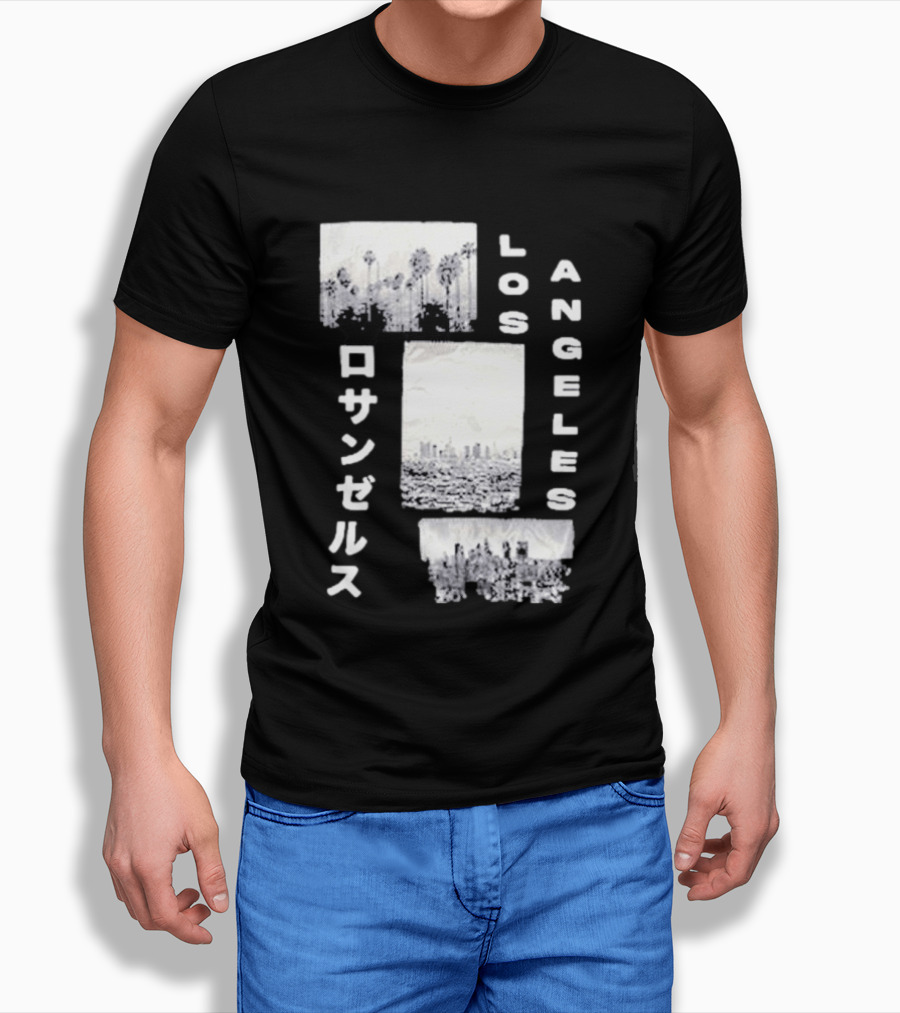 Los Angeles Cityscape With Japanese Text Satin Patch T-Shirt