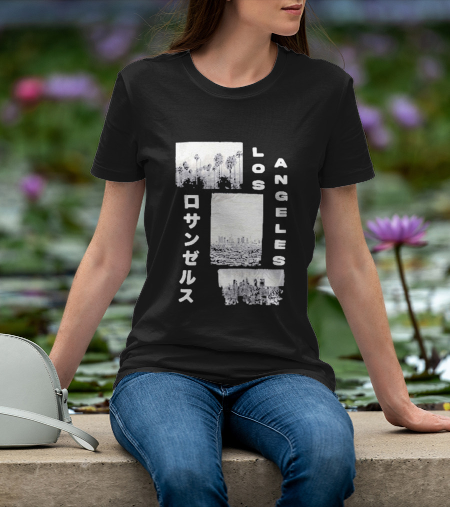 Los Angeles Cityscape With Japanese Text Satin Patch T-Shirt