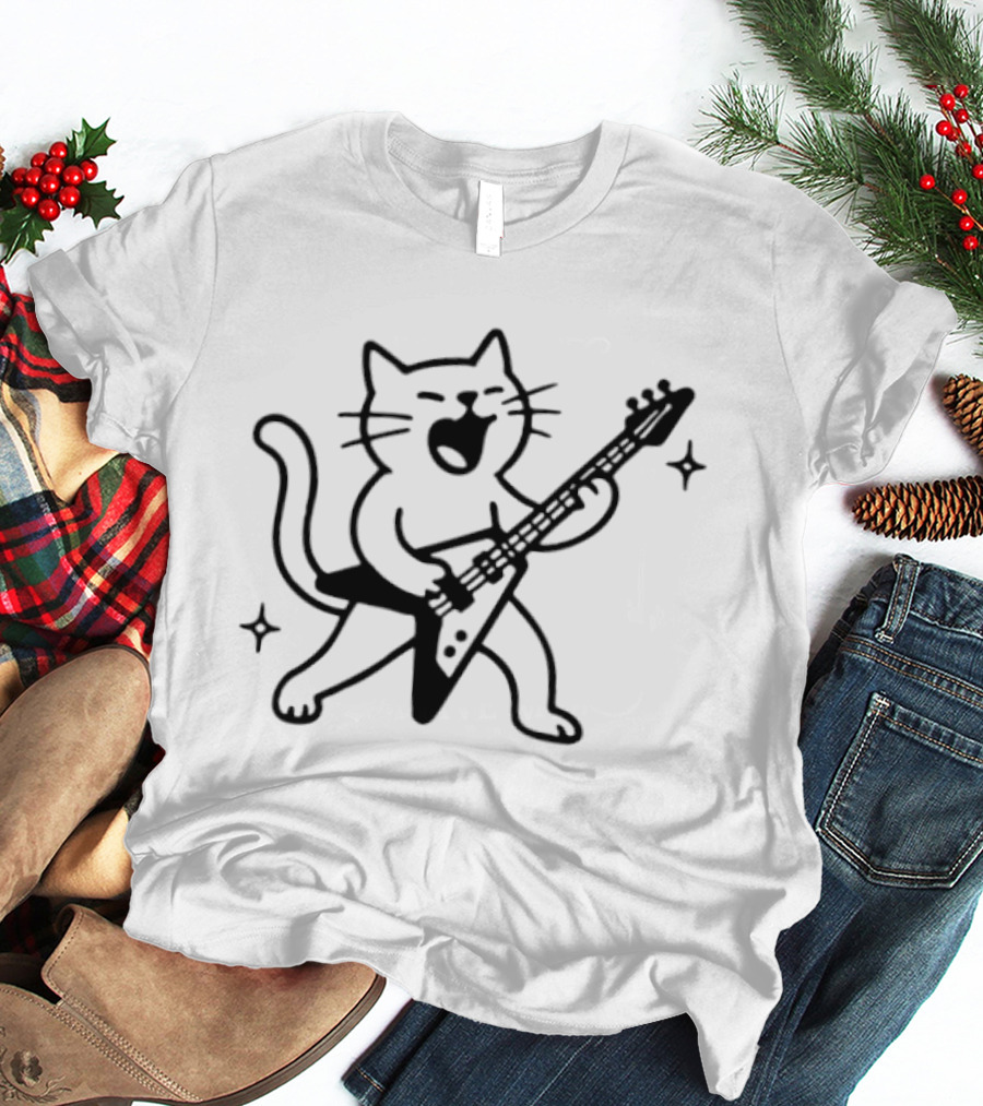 Rocking Cat Playing Electric Guitar With Sparkles T-Shirt