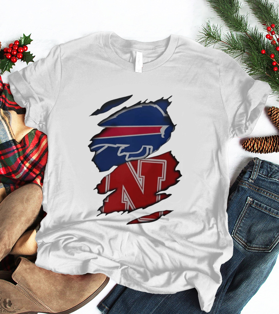 Buffalo Bills Nebraska Cornhuskers Ripped Effect Football Logos T-Shirt