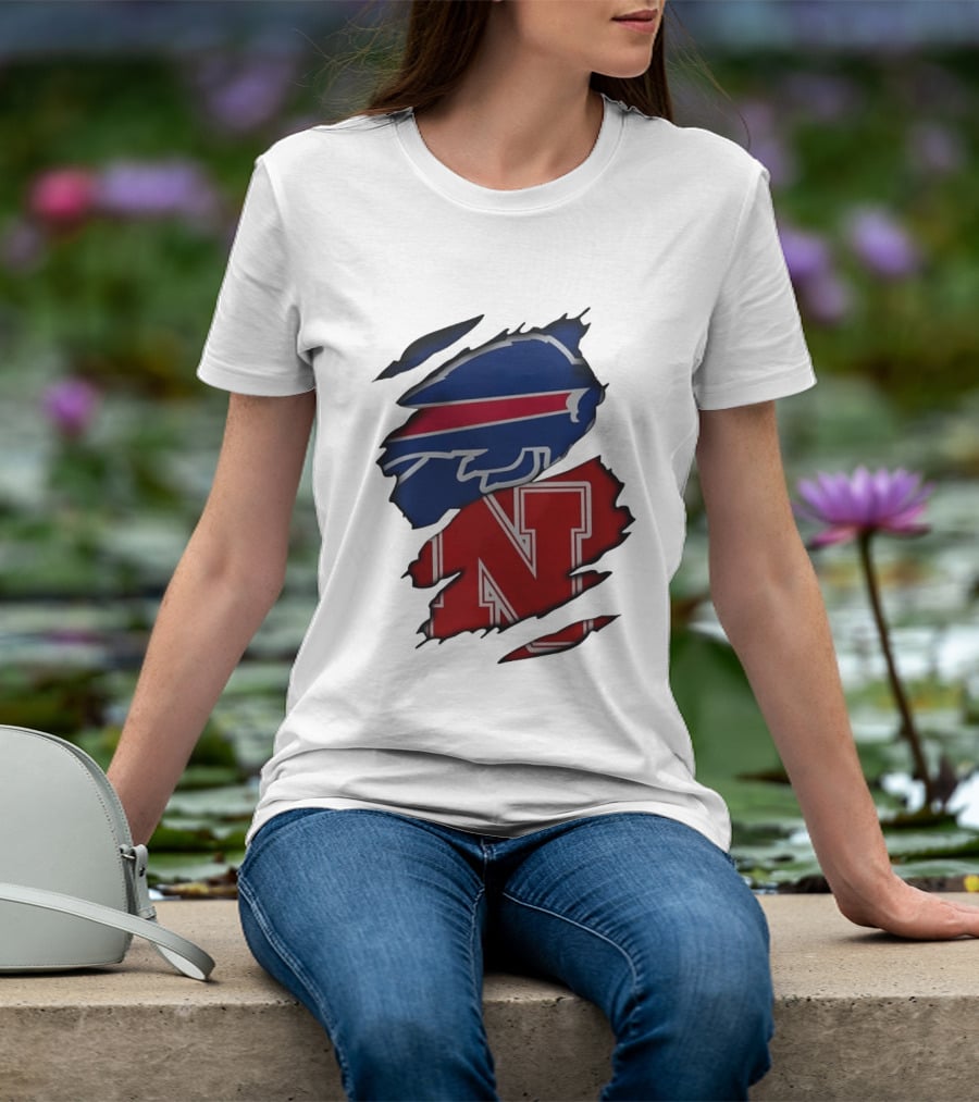 Buffalo Bills Nebraska Cornhuskers Ripped Effect Football Logos T-Shirt