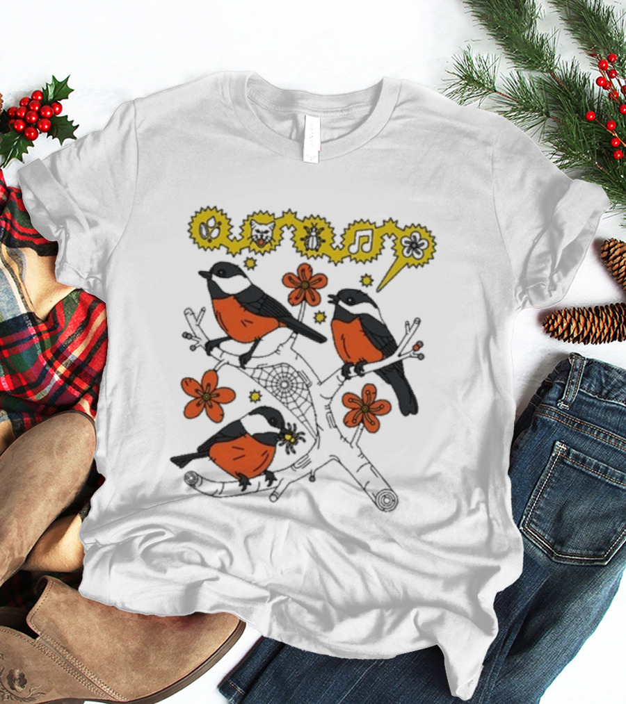 Chickadee Birds With Flowers And Music Notes T-Shirt