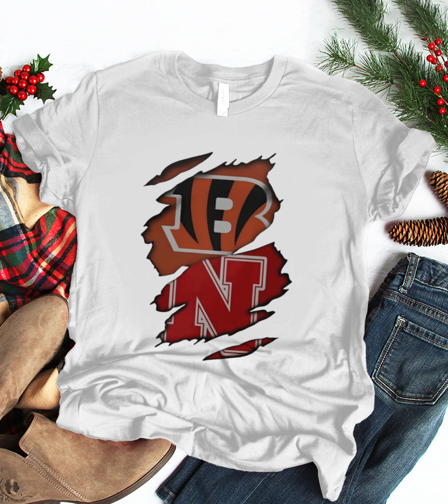 Cincinnati Bengals Nebraska Cornhuskers Combined Logos Ripped Fan Pride T-Shirt