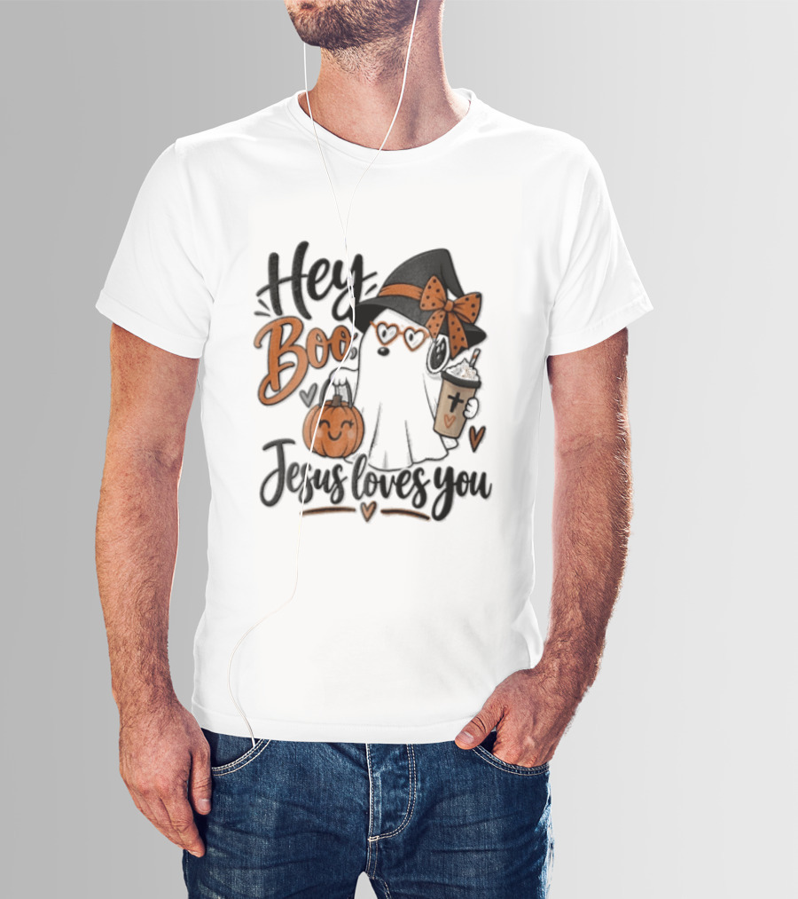 Hey Boo Jesus Loves You Ghost Witch Hat Glasses Pumpkin T-Shirt