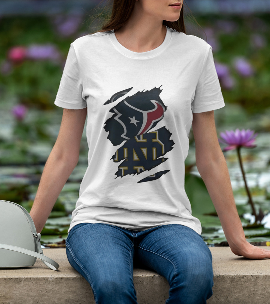 Houston Texans Notre Dame Fighting Irish Torn Fabric Collaboration T-Shirt