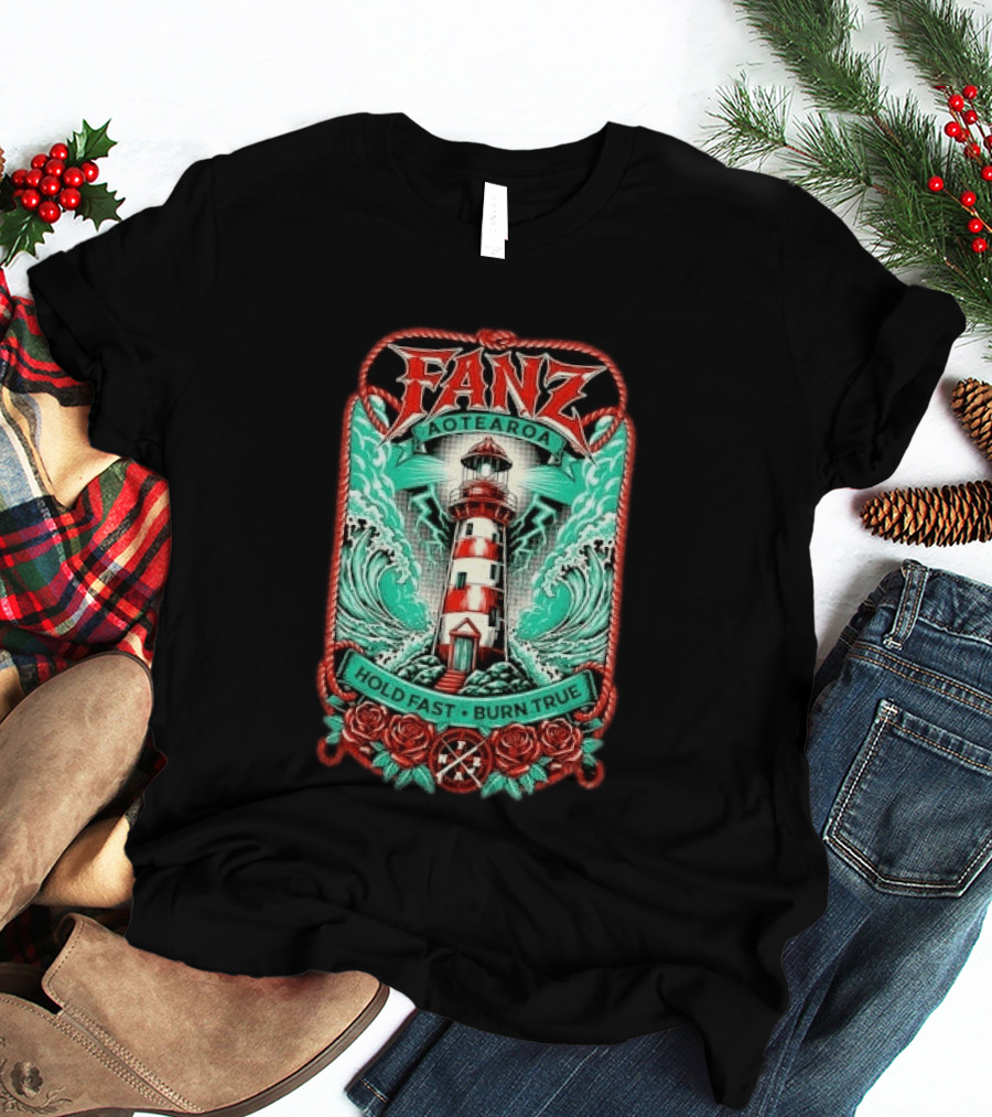 Fanz Aotearoa Hold Fast Burn True Striped Lighthouse Stormy Waves Lightning Roses Rope T-Shirt