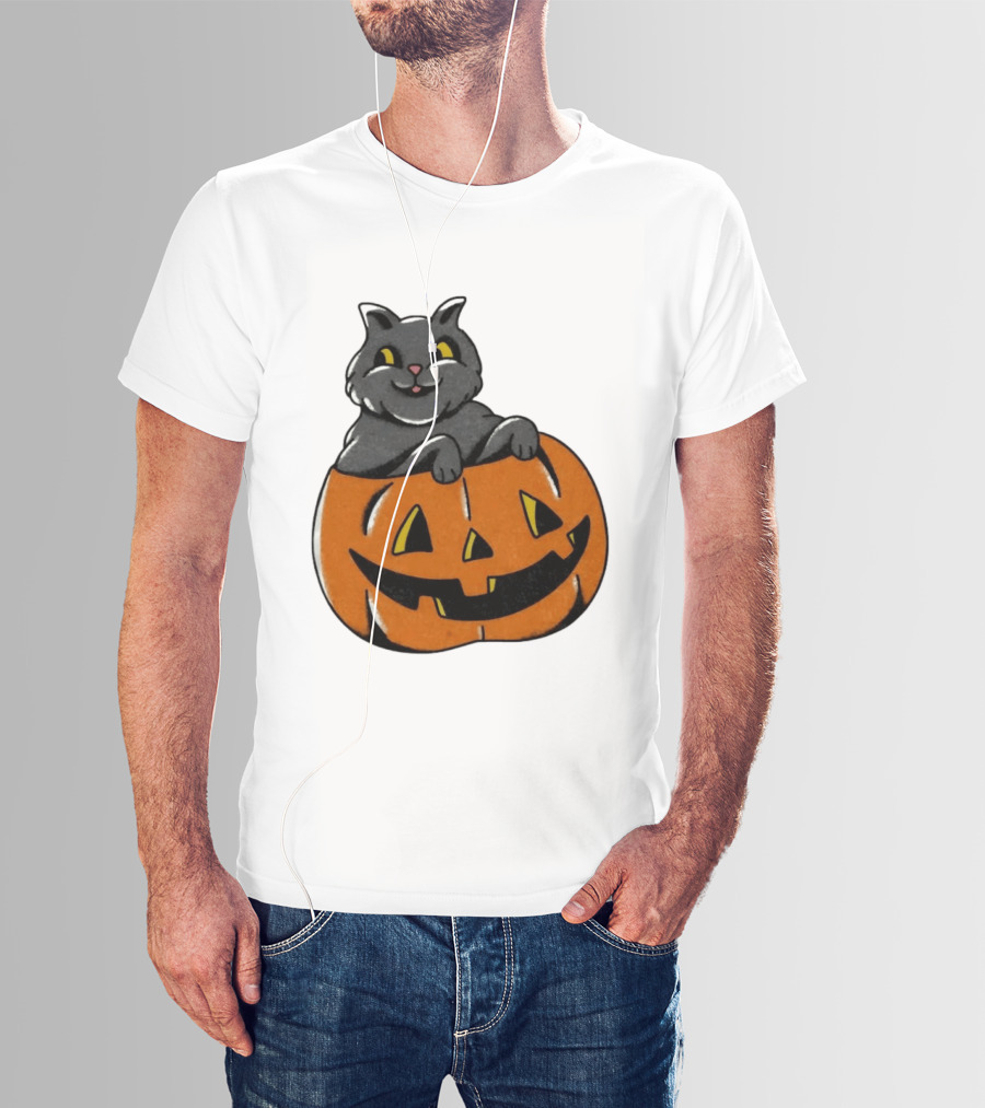 Black Cat In Jack O' Lantern Halloween Pumpkin T-Shirt