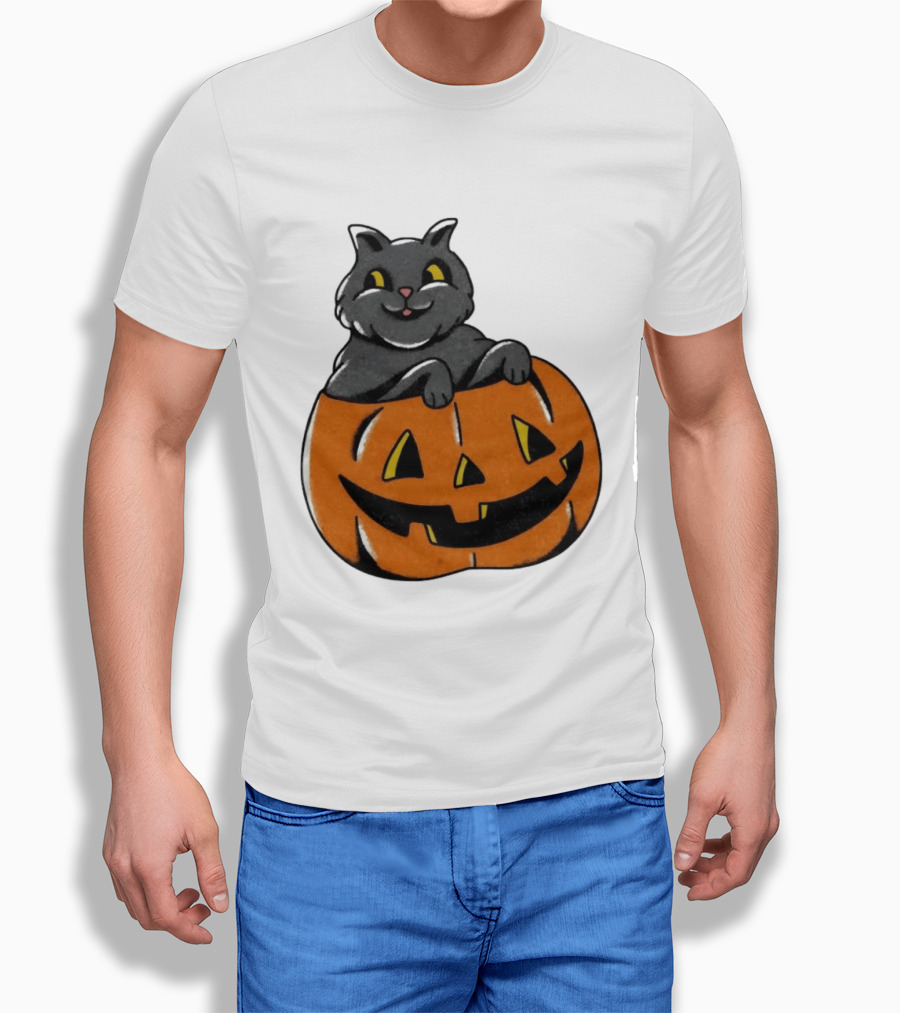 Black Cat In Jack O' Lantern Halloween Pumpkin T-Shirt