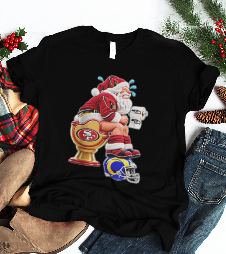 Santa Claus Sitting On San Francisco 49ers Toilet With Seattle Seahawks And Los Angeles Rams T-Shirt