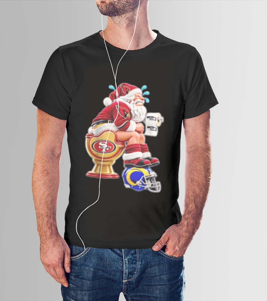 Santa Claus Sitting On San Francisco 49ers Toilet With Seattle Seahawks And Los Angeles Rams T-Shirt