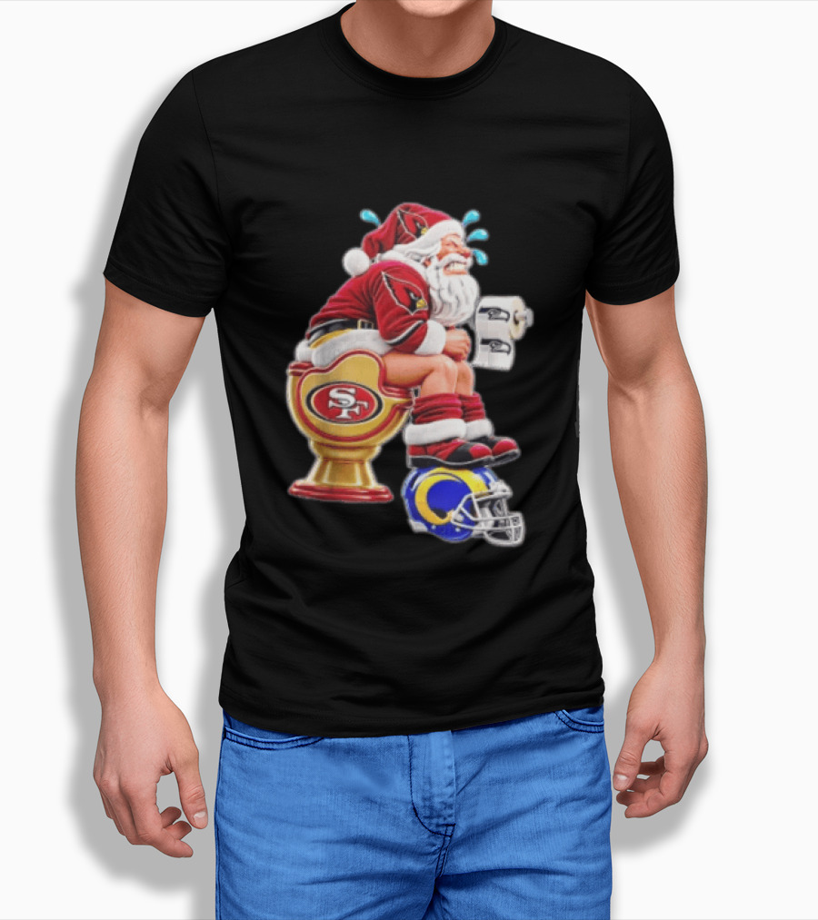 Santa Claus Sitting On San Francisco 49ers Toilet With Seattle Seahawks And Los Angeles Rams T-Shirt