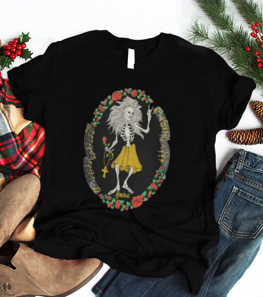 Peaceful Skeleton With Long Hair Yellow Skirt Roses And Ankh T-Shirt