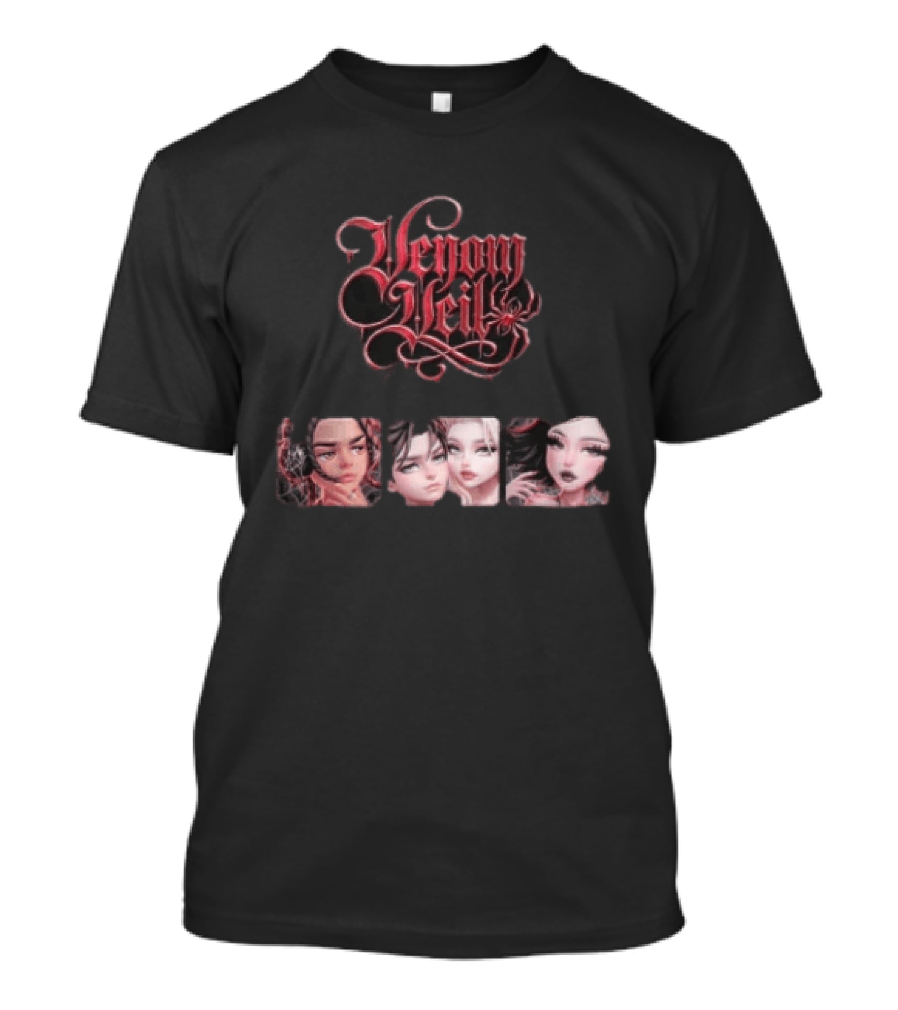 Venom Veil Red Gothic Lettering Spider Themes Three Stylized Portraits T-Shirt