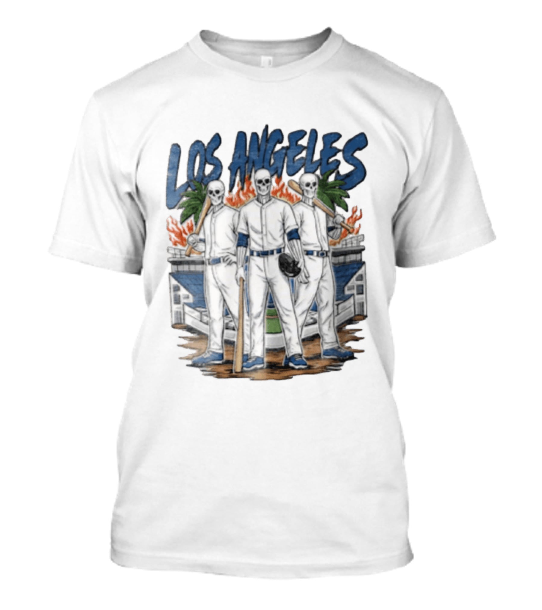 Los Angeles Skeleton Baseball Players Stadium Flames Palms T-Shirt