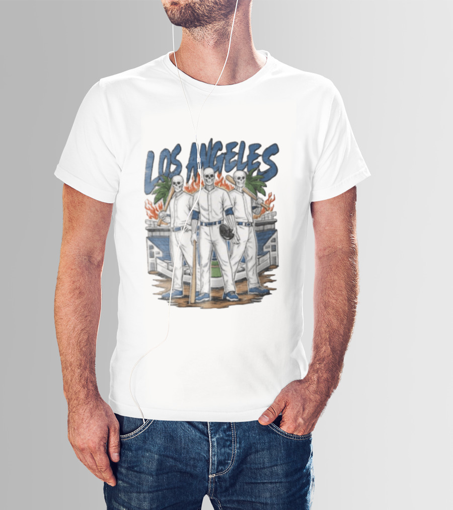 Los Angeles Skeleton Baseball Players Stadium Flames Palms T-Shirt