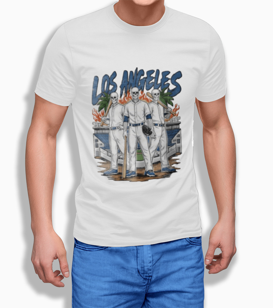 Los Angeles Skeleton Baseball Players Stadium Flames Palms T-Shirt