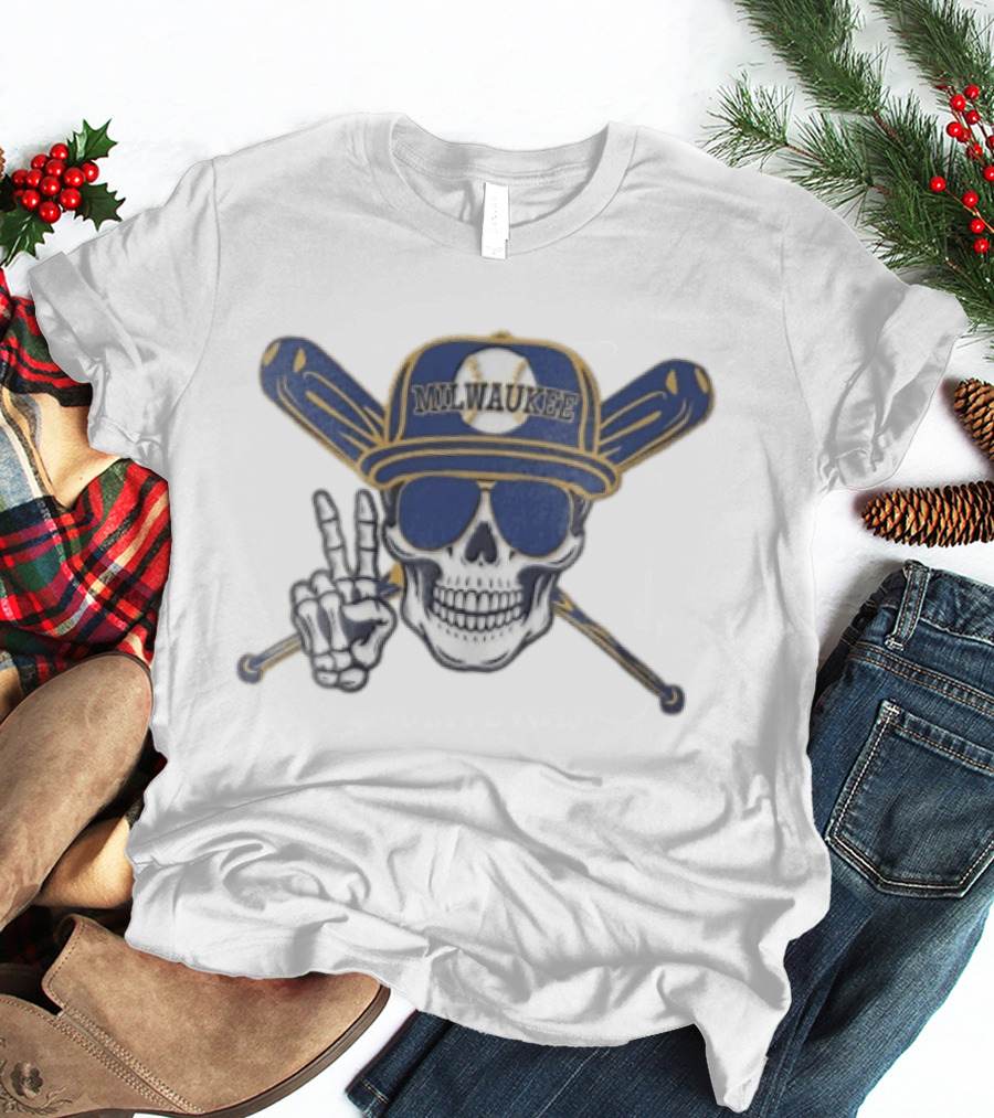 Milwaukee Brewers Skull Cap Sunglasses Peace Sign Baseball Bats T-Shirt
