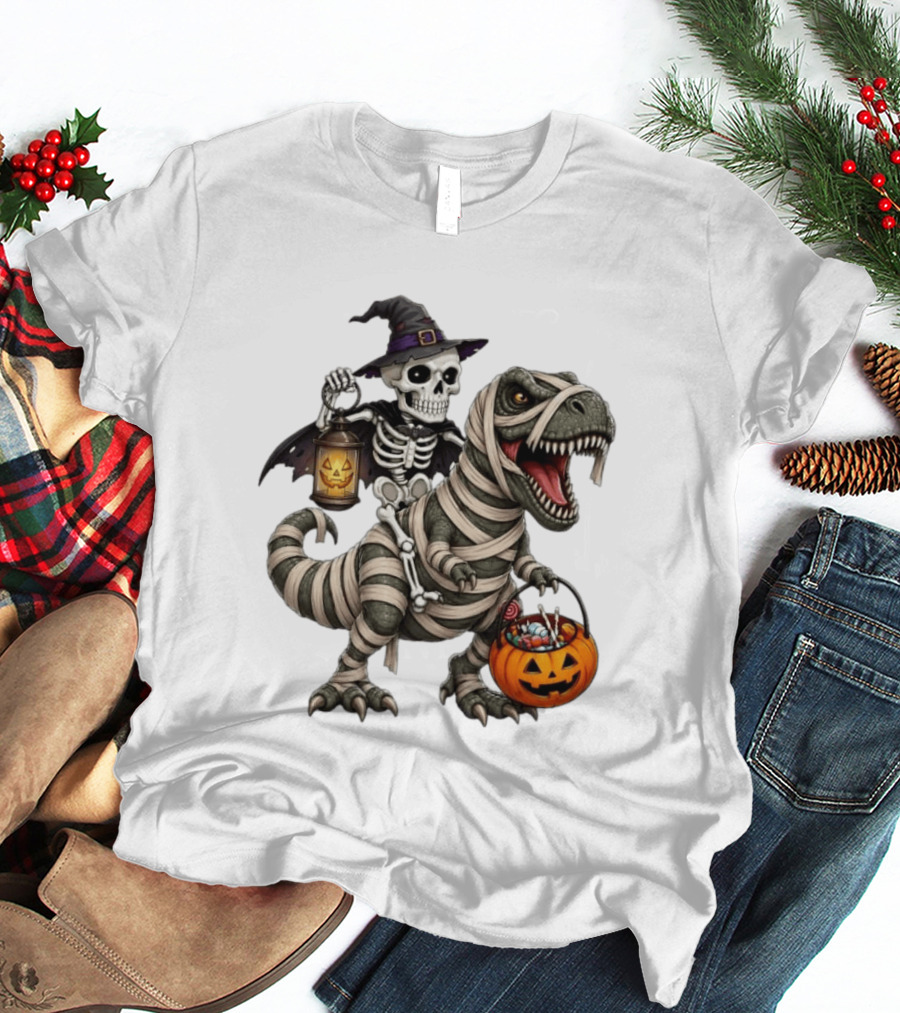 Halloween Skeleton Witch On Mummy Rex With Pumpkin Candy Bucket T-Shirt