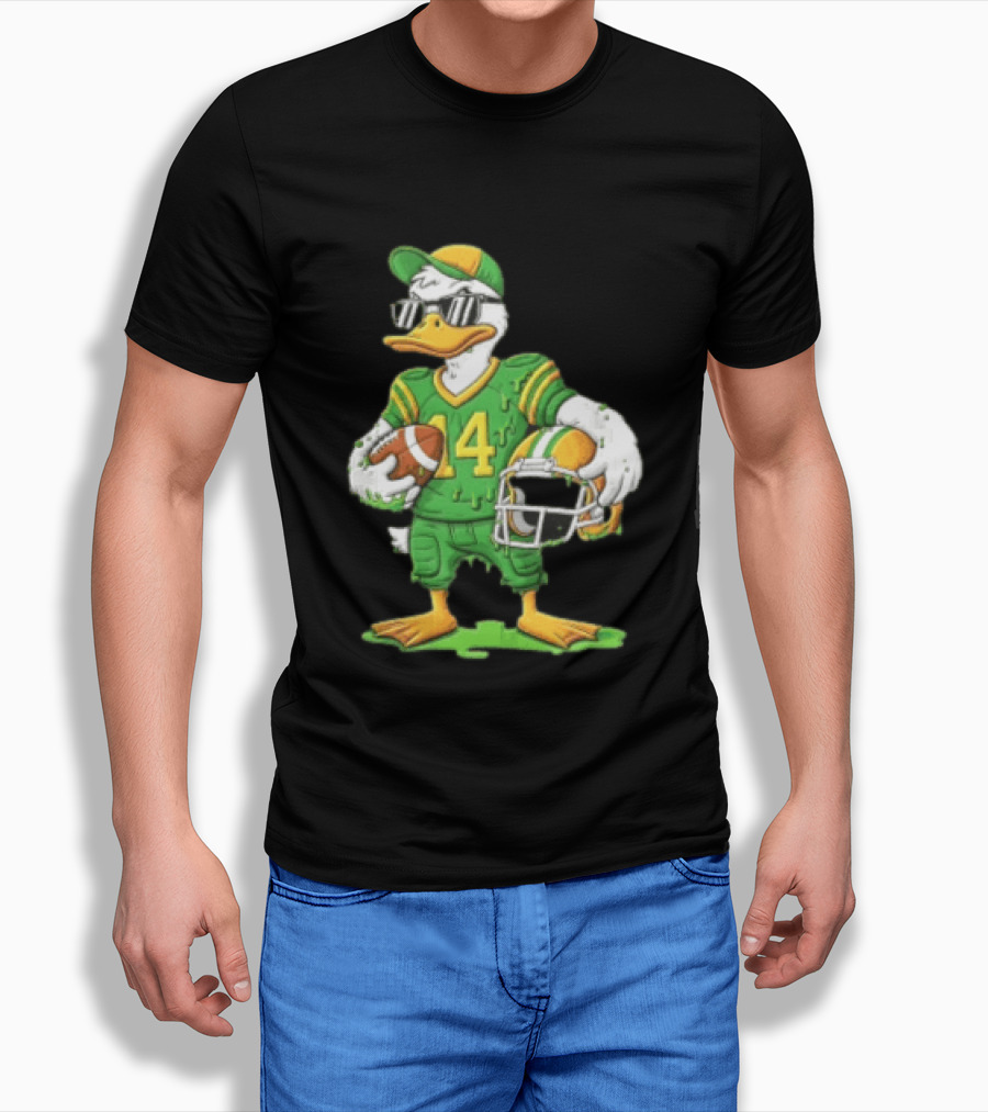Duck With Sunglasses In Green Football Uniform Holding Helmet And Ball T-Shirt