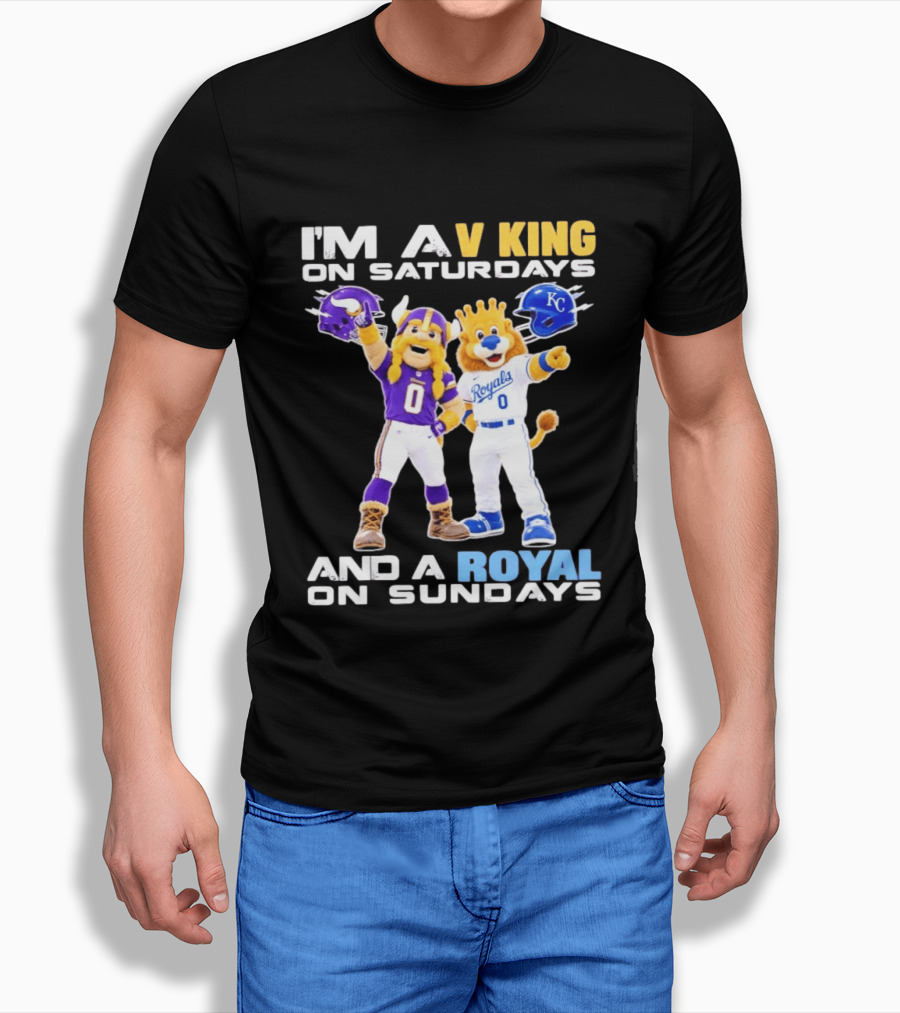 I'm A V King On Saturdays And A Royal On Sundays With Mascots Vikings And Royals Helmets T-Shirt