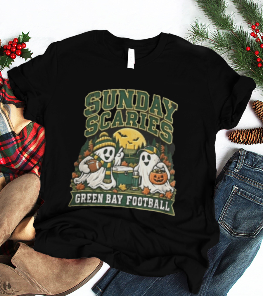 Sunday Scaries Two Ghosts Green Bay Football Tailgate Scene T-Shirt