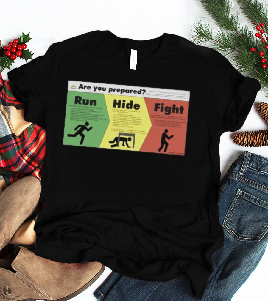 Grimykids Store Survival Guide Run Hide Fight Are You Prepared Emergency Strategy T-Shirt