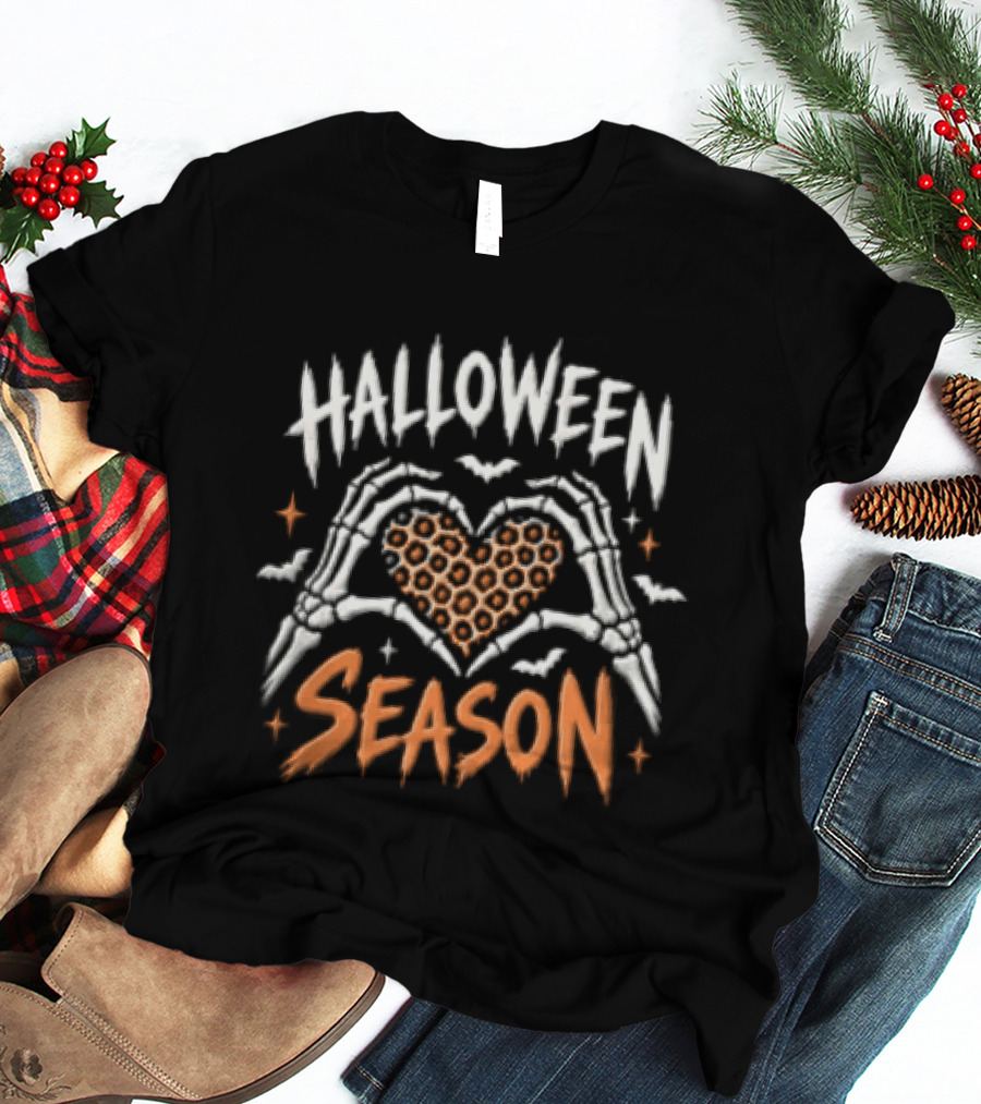 Halloween Season Skeleton Hands Heart Leopard Bats T-Shirt