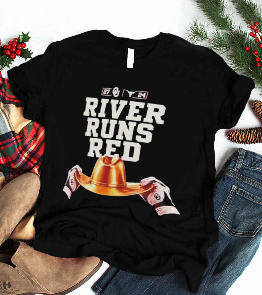 Oklahoma Sooners River Runs Red Golden Hat 2024 Victory T-Shirt