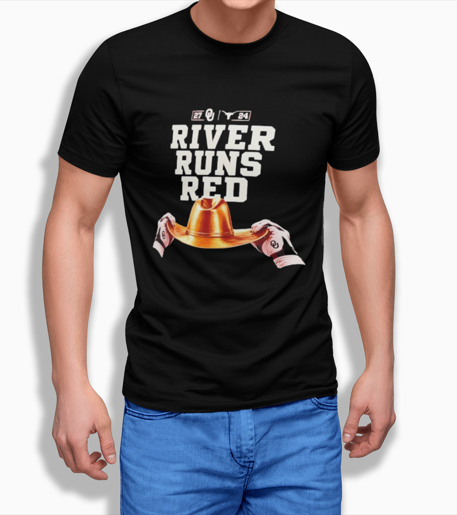 Oklahoma Sooners River Runs Red Golden Hat 2024 Victory T-Shirt