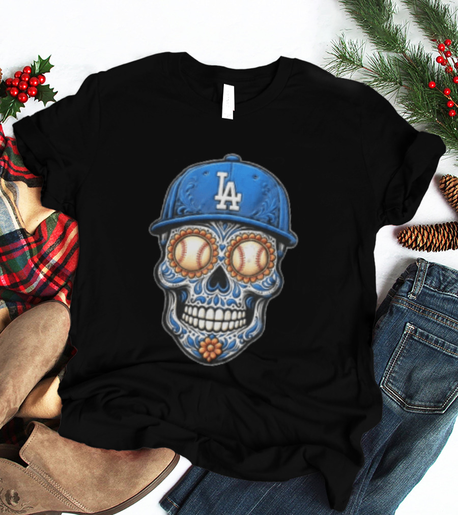 Los Angeles Dodgers Sugar Skull Baseball Eyes Hat MLB Fan Merchandise T-Shirt