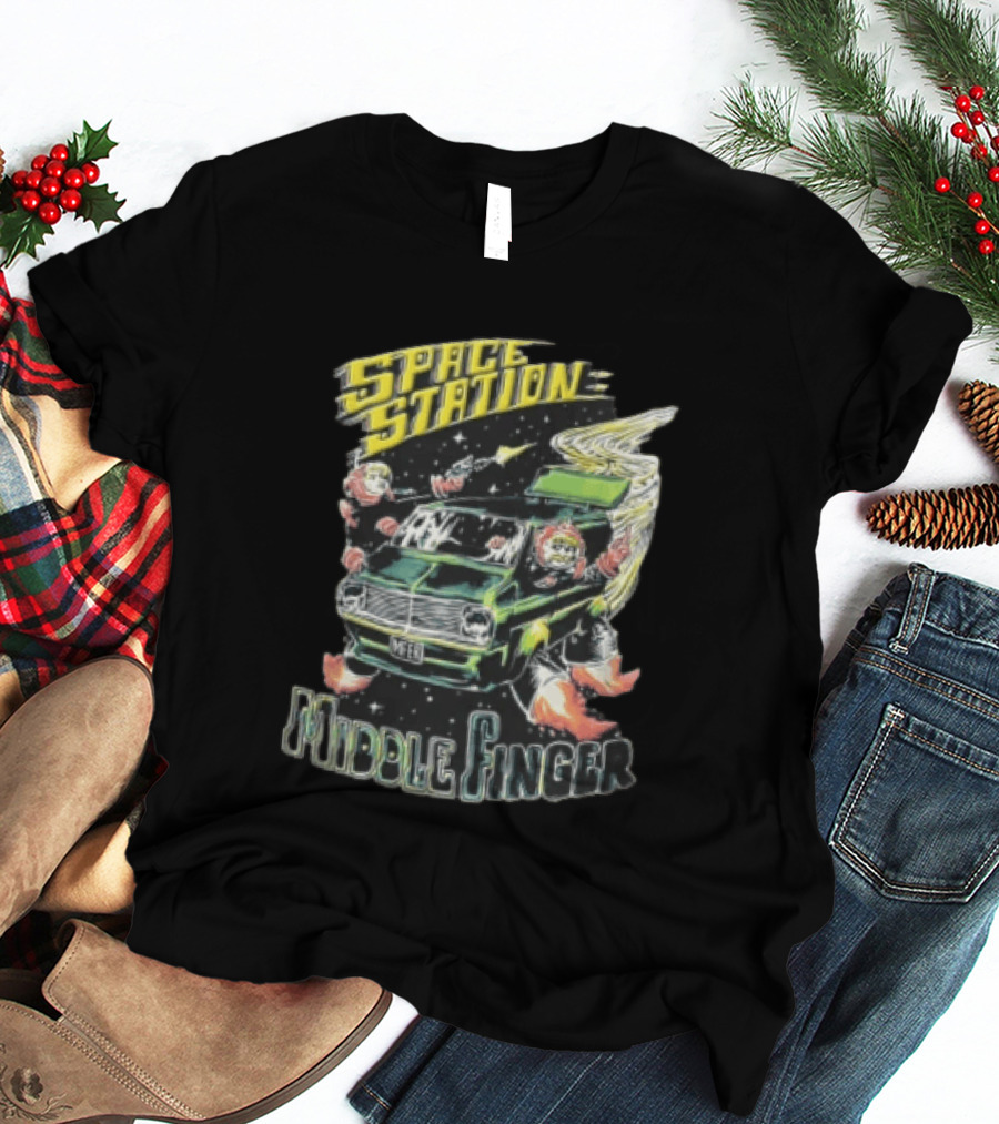 Space Station Middle Finger Astronauts Flying Green Van T-Shirt