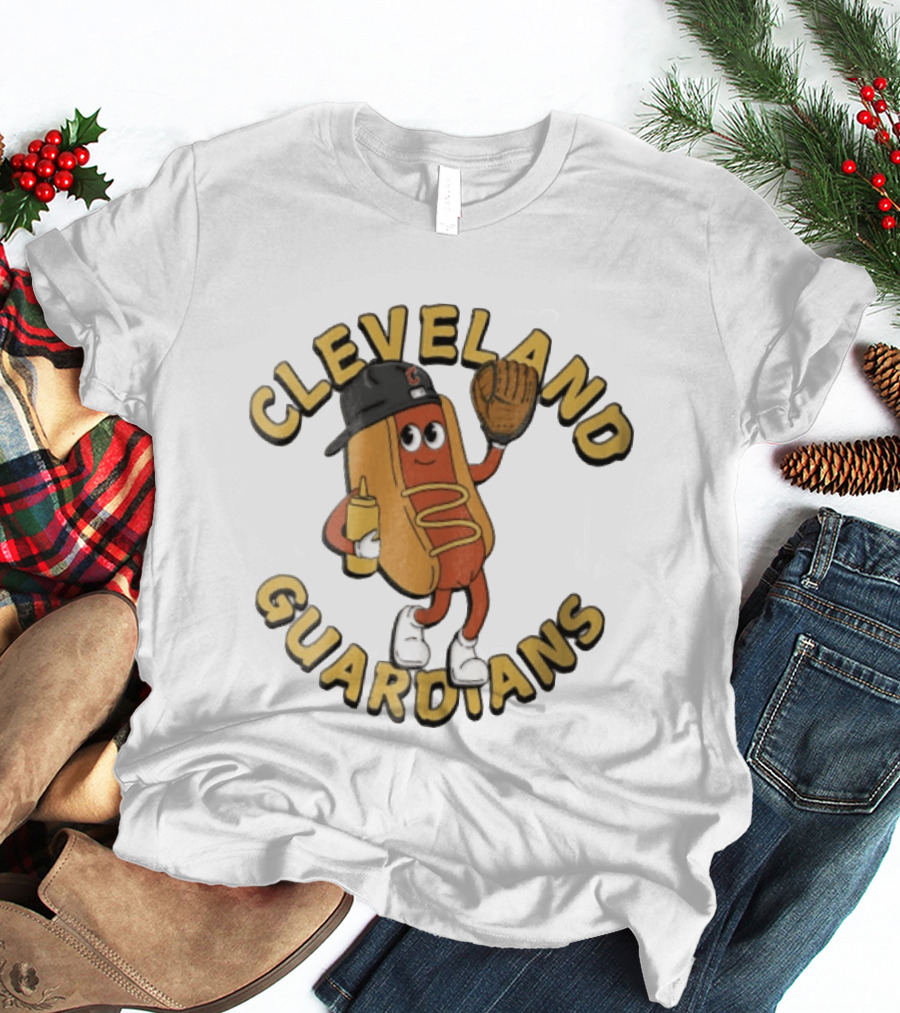Cleveland Guardians Hot Dog Baseball Mascot Mustard Glove T-Shirt