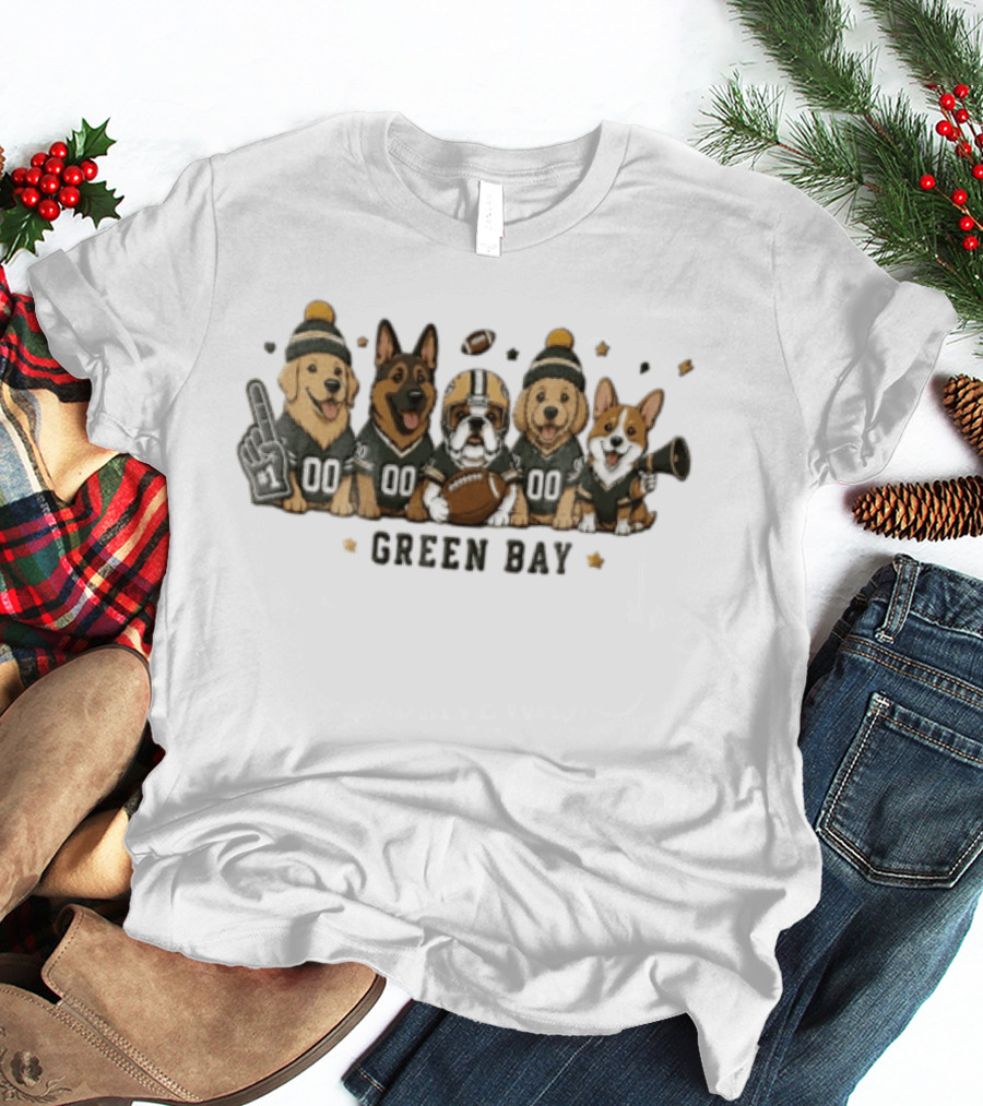 Green Bay Five Dogs In Jerseys With Football Packers Fan Gear T-Shirt