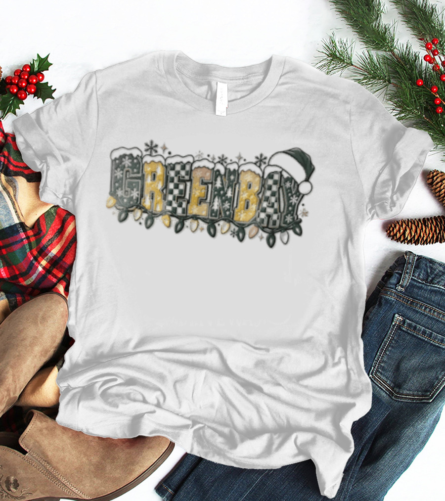 Green Bay Packers Santa Hat Snow Lights Christmas T-Shirt
