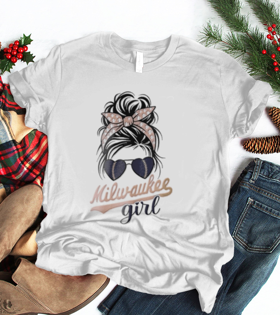 Milwaukee Girl Messy Bun Baseball Headband Sunglasses T-Shirt