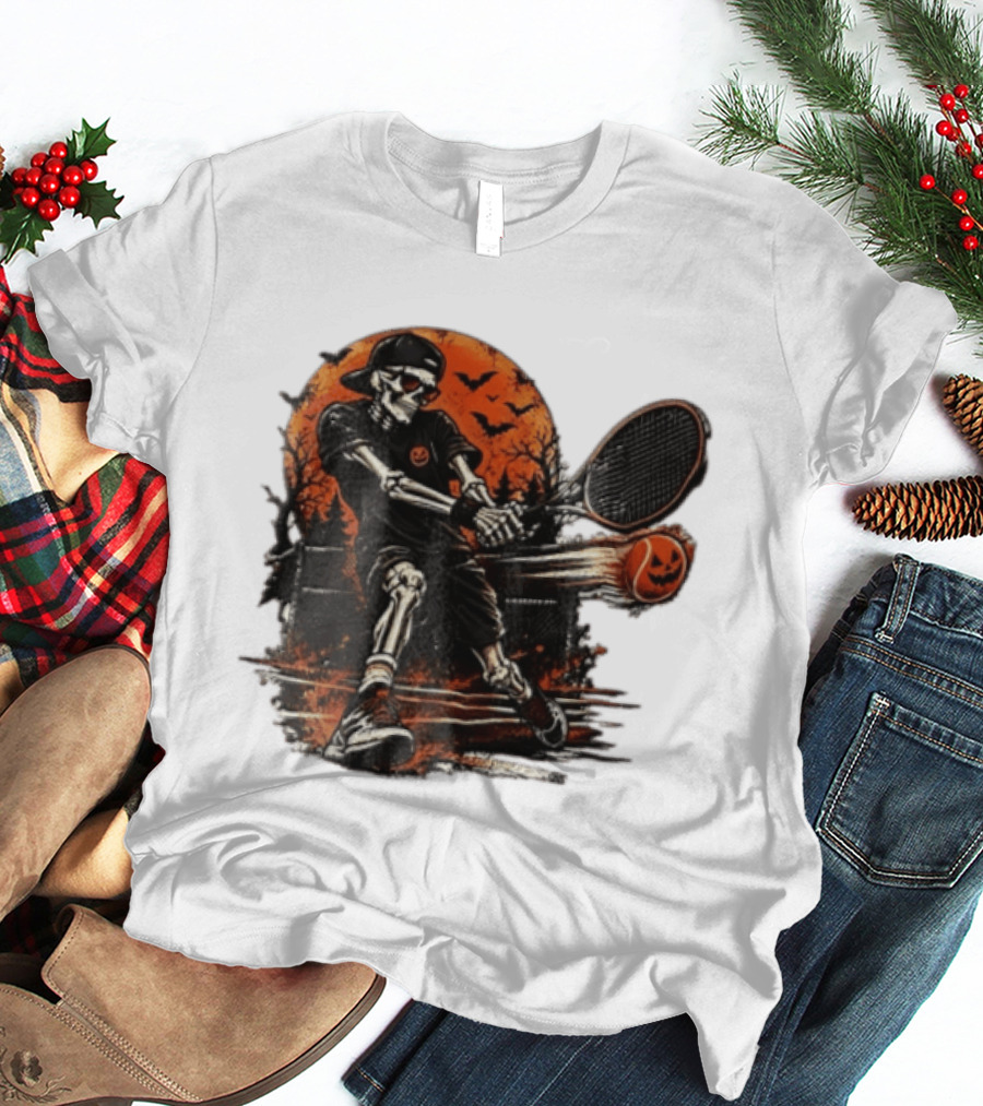 Halloween Skeleton Tennis Player With Pumpkin Ball And Full Moon T-Shirt