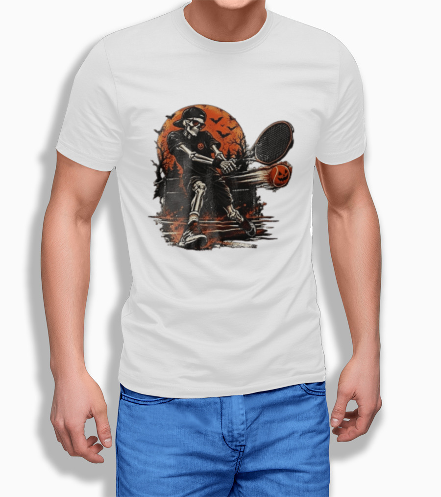 Halloween Skeleton Tennis Player With Pumpkin Ball And Full Moon T-Shirt