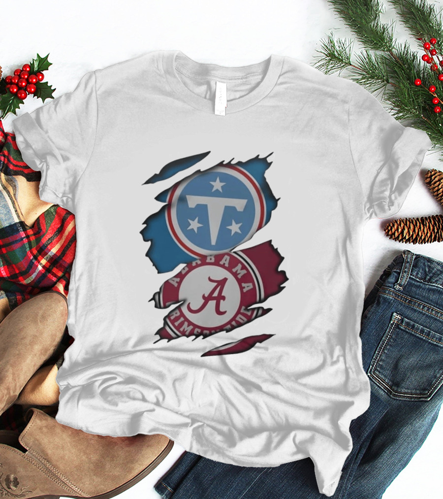 Tennessee Titans Alabama Crimson Tide Ripped Fabric Sports Fan Gear T-Shirt
